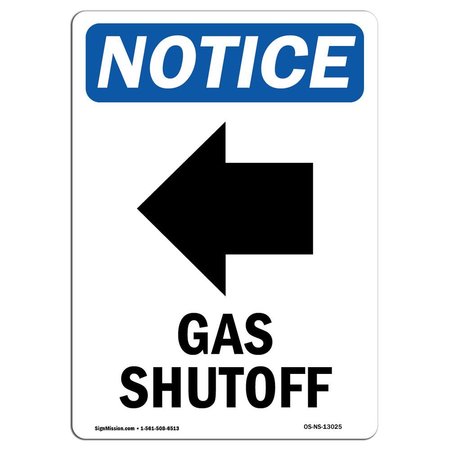 SIGNMISSION OSHA Notice Sign, 10" H, 7" W, Rigid Plastic, Gas Shutoff [Left Arrow] Sign With Symbol, Portrait OS-NS-P-710-V-13025